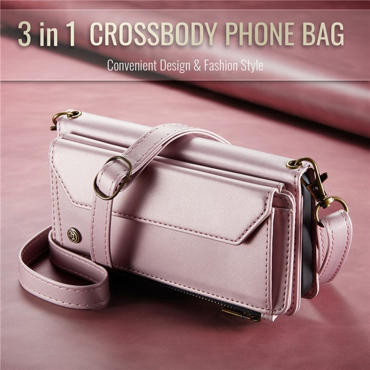 CASEME C36 Series For Google Pixel 9 / Pixel 9 Pro Case Crossbody Leather Phone Bag with 7 Card Slots - Pink
