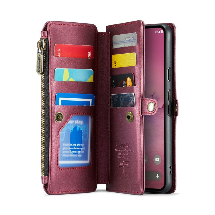 CASEME C36 Series For Google Pixel 9 Pro XL Case Zipper Wallet Leather Phone Cover with Straps - Wine Red