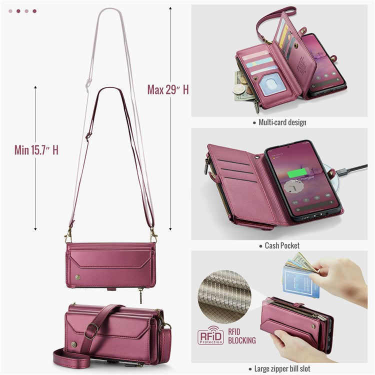 CASEME C36 Series For Google Pixel 9 Pro XL Case Zipper Wallet Leather Phone Cover with Straps - Wine Red