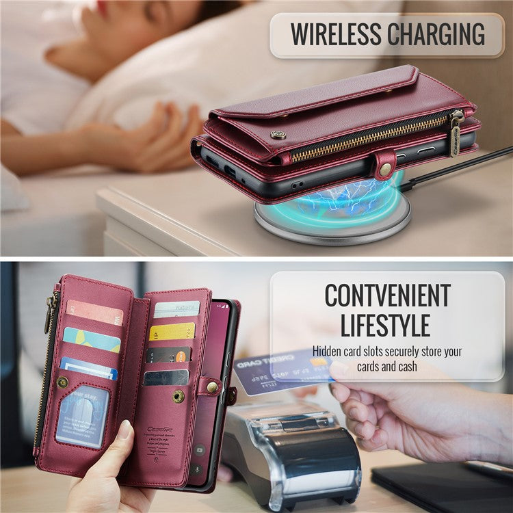 CASEME C36 Series For Google Pixel 9 Pro XL Case Zipper Wallet Leather Phone Cover with Straps - Wine Red
