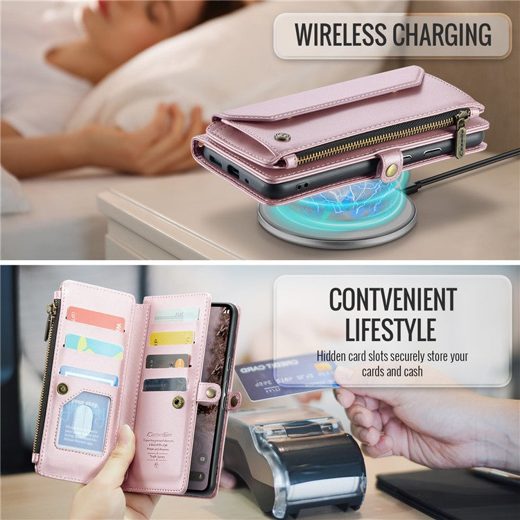 CASEME C36 Series For Google Pixel 9 Pro XL Case Zipper Wallet Leather Phone Cover with Straps - Pink