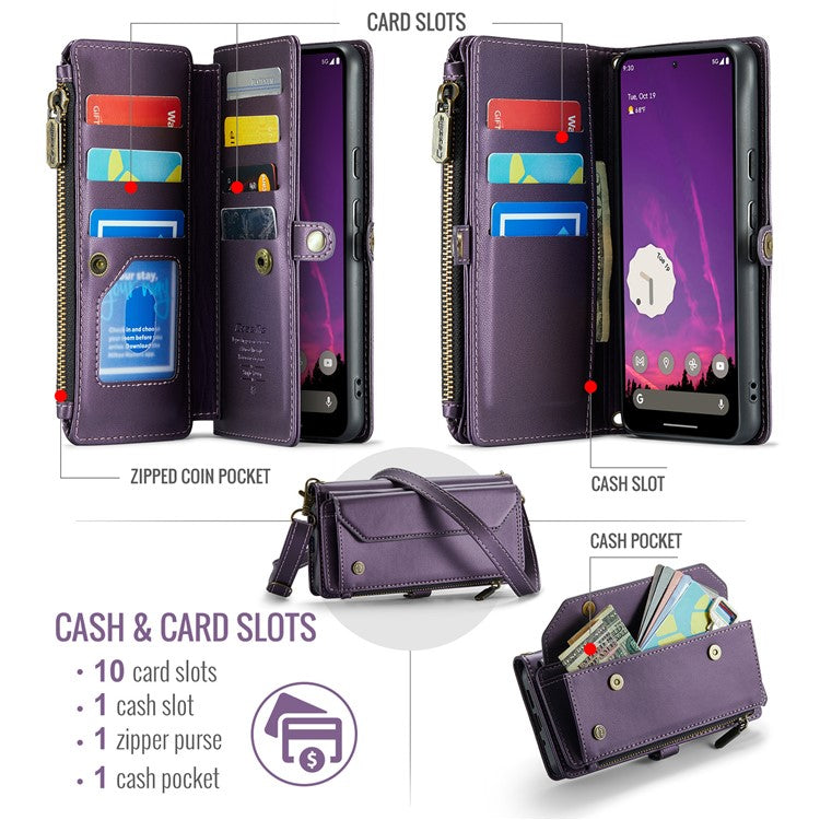 CASEME C36 Series For Google Pixel 9 Pro XL Case Zipper Wallet Leather Phone Cover with Straps - Purple