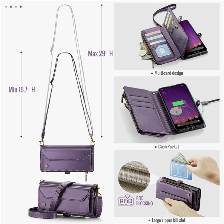 CASEME C36 Series For Google Pixel 9 Pro XL Case Zipper Wallet Leather Phone Cover with Straps - Purple