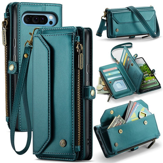 CASEME C36 Series For Google Pixel 9 Pro XL Case Zipper Wallet Leather Phone Cover with Straps - Green
