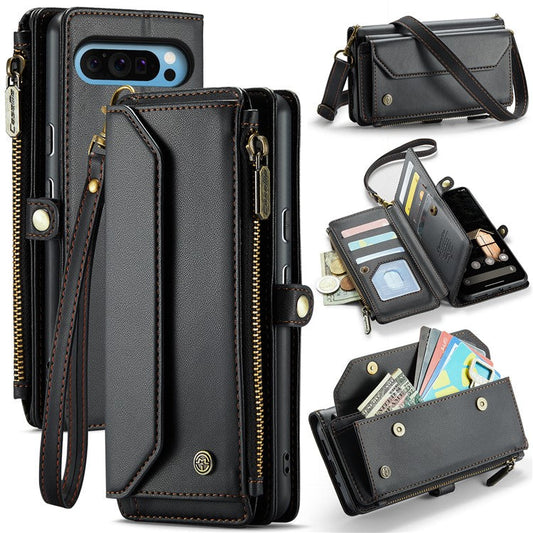 CASEME C36 Series For Google Pixel 9 Pro XL Case Zipper Wallet Leather Phone Cover with Straps - Black
