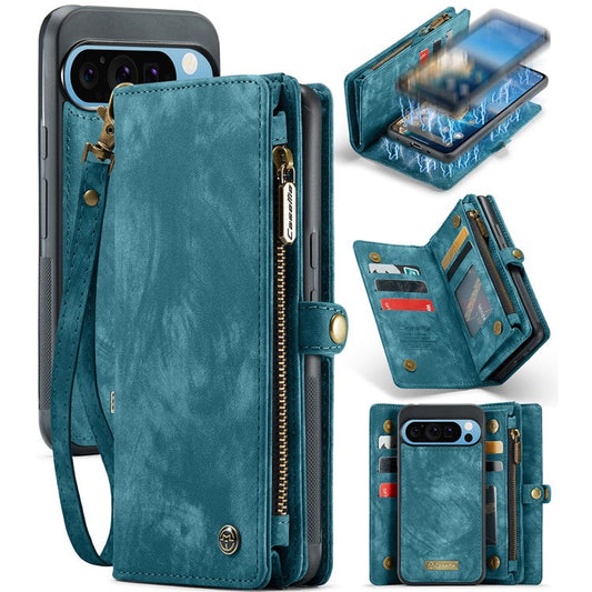 CASEME 008 Series for Google Pixel 9 Pro XL Case Leather Phone Cover Zipper Pocket Wallet - Blue
