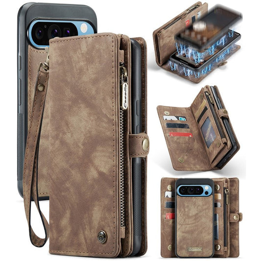 CASEME 008 Series for Google Pixel 9 Pro XL Case Leather Phone Cover Zipper Pocket Wallet - Brown