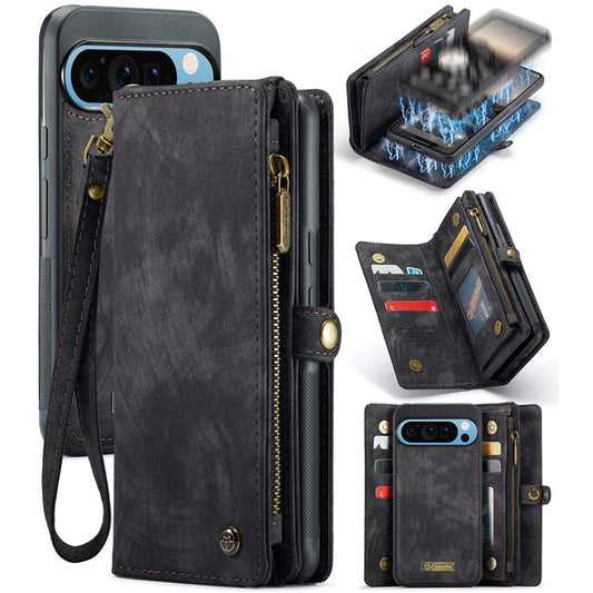 CASEME 008 Series for Google Pixel 9 Pro XL Case Leather Phone Cover Zipper Pocket Wallet - Black