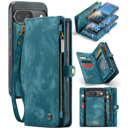 CASEME 008 Series for Google Pixel 9 / Pixel 9 Pro Case Leather Phone Cover Zipper Pocket Wallet - Blue