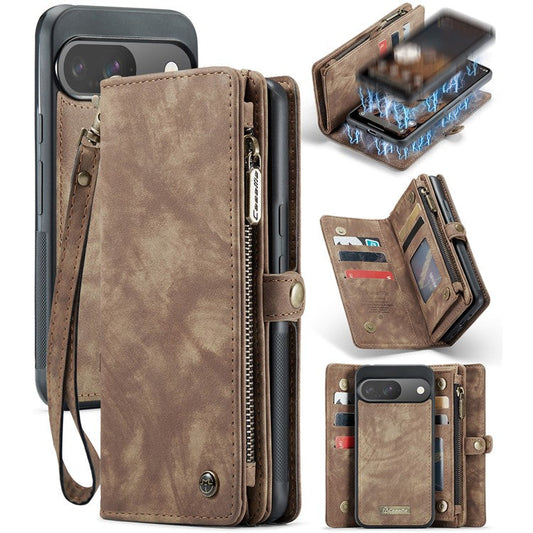 CASEME 008 Series for Google Pixel 9 / Pixel 9 Pro Case Leather Phone Cover Zipper Pocket Wallet - Brown
