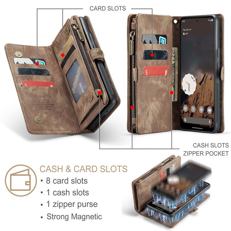 CASEME 008 Series for Google Pixel 9 / Pixel 9 Pro Case Leather Phone Cover Zipper Pocket Wallet - Brown