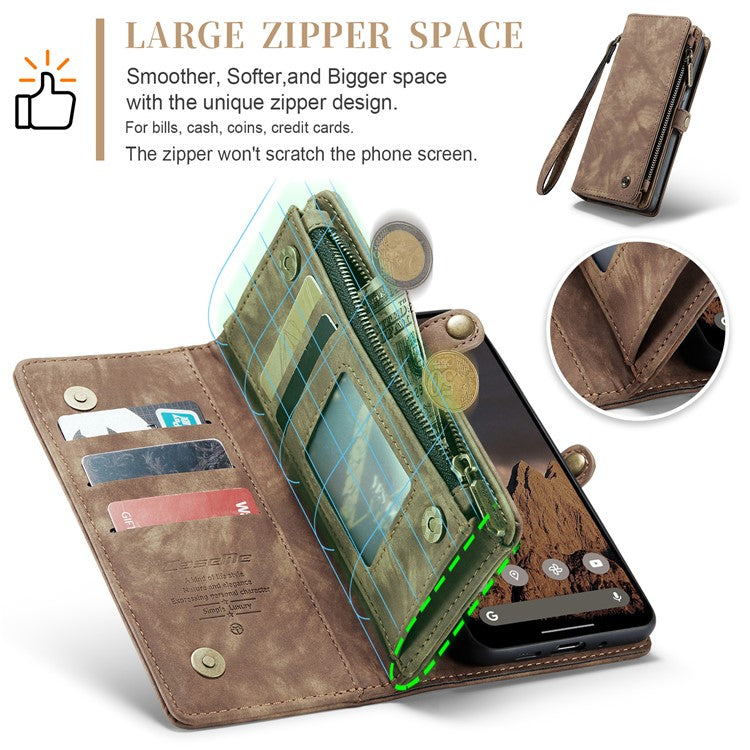 CASEME 008 Series for Google Pixel 9 / Pixel 9 Pro Case Leather Phone Cover Zipper Pocket Wallet - Brown