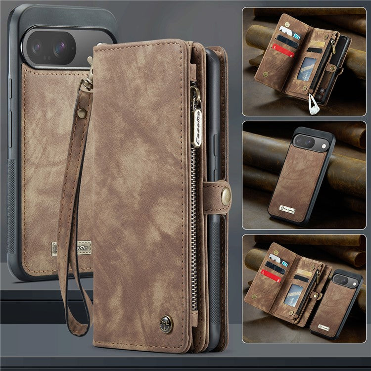 CASEME 008 Series for Google Pixel 9 / Pixel 9 Pro Case Leather Phone Cover Zipper Pocket Wallet - Brown