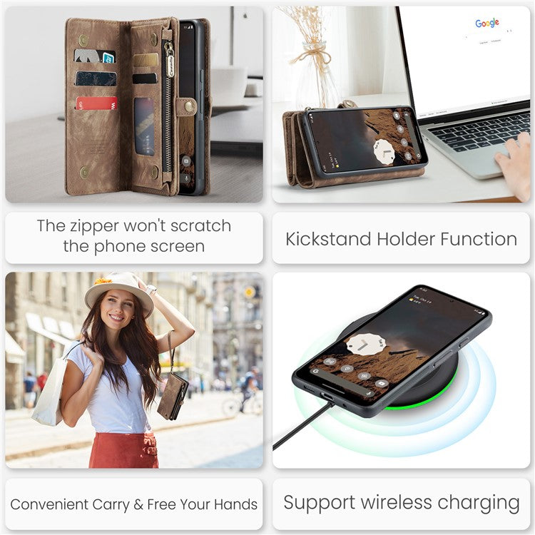 CASEME 008 Series for Google Pixel 9 / Pixel 9 Pro Case Leather Phone Cover Zipper Pocket Wallet - Brown