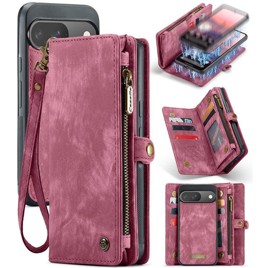 CASEME 008 Series for Google Pixel 9 / Pixel 9 Pro Case Leather Phone Cover Zipper Pocket Wallet - Red