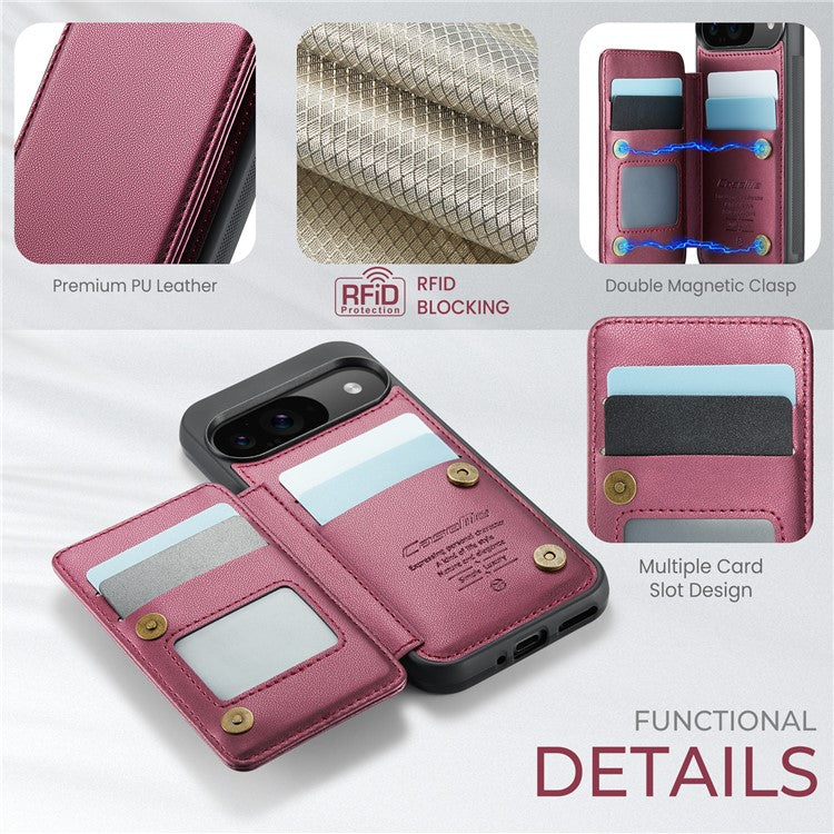 CASEME C22 Series For Google Pixel 9 / Pixel 9 Pro Case Leather+TPU Cover RFID Blocking Card Slots - Red