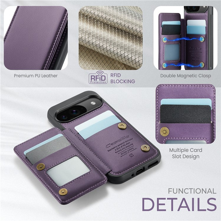 CASEME C22 Series For Google Pixel 9 / Pixel 9 Pro Case Leather+TPU Cover RFID Blocking Card Slots - Purple