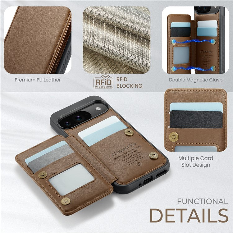CASEME C22 Series For Google Pixel 9 / Pixel 9 Pro Case Leather+TPU Cover RFID Blocking Card Slots - Brown