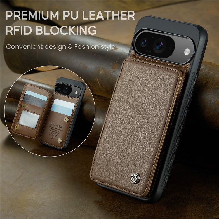 CASEME C22 Series For Google Pixel 9 / Pixel 9 Pro Case Leather+TPU Cover RFID Blocking Card Slots - Brown