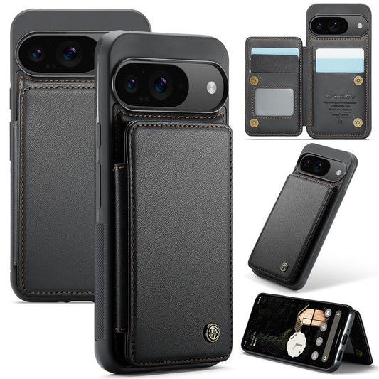 CASEME C22 Series For Google Pixel 9 / Pixel 9 Pro Case Leather+TPU Cover RFID Blocking Card Slots - Black