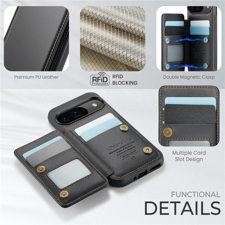 CASEME C22 Series For Google Pixel 9 / Pixel 9 Pro Case Leather+TPU Cover RFID Blocking Card Slots - Black