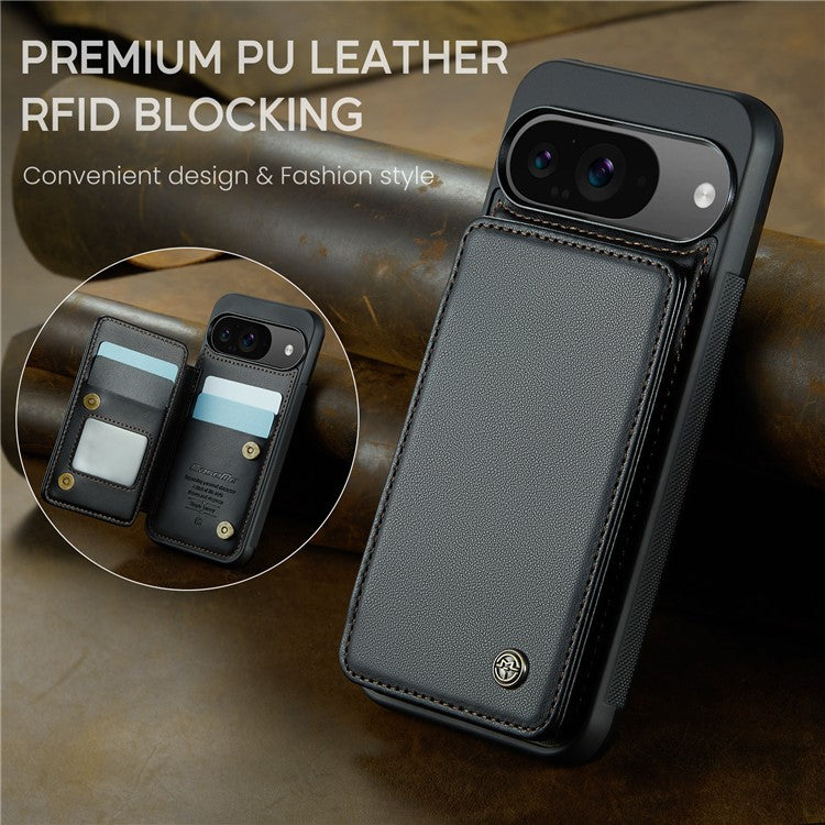 CASEME C22 Series For Google Pixel 9 / Pixel 9 Pro Case Leather+TPU Cover RFID Blocking Card Slots - Black