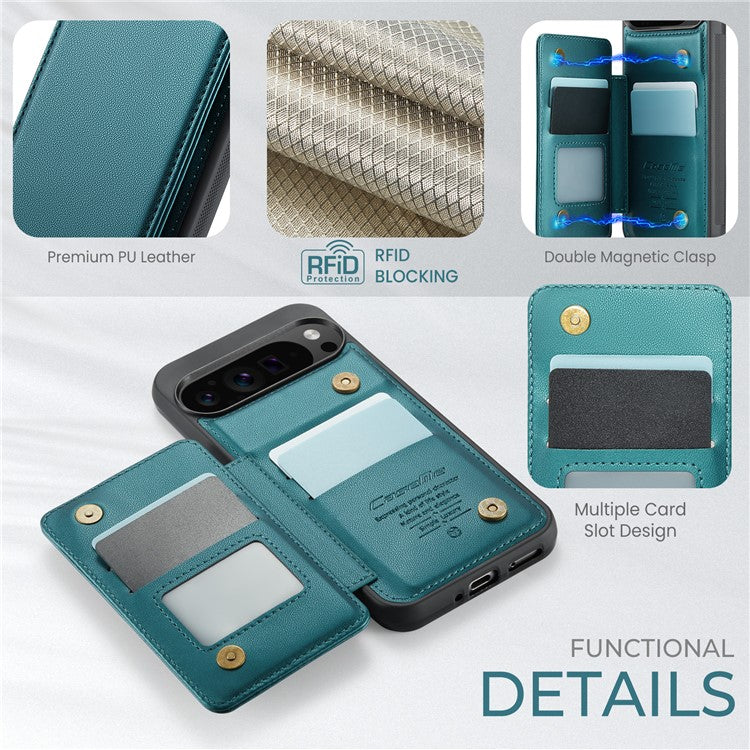 CASEME C22 Series For Google Pixel 9 Pro XL Case Leather+TPU Cover RFID Blocking Card Slots - Green