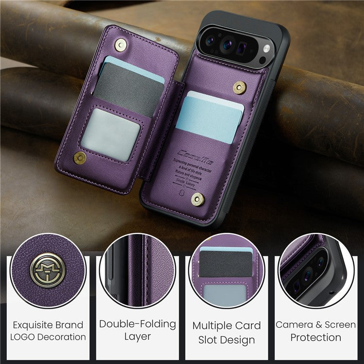 CASEME C22 Series For Google Pixel 9 Pro XL Case Leather+TPU Cover RFID Blocking Card Slots - Purple