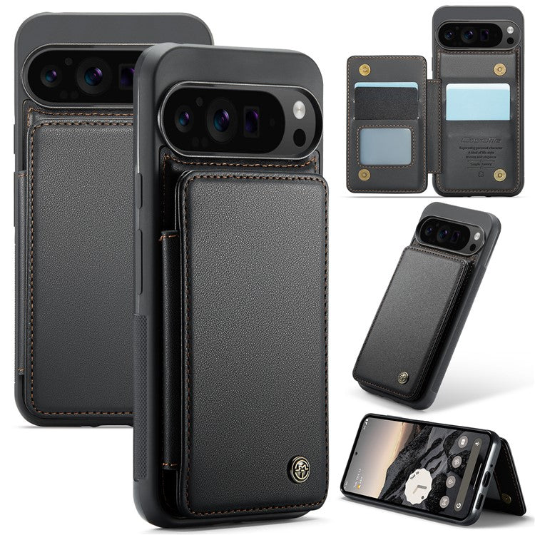 CASEME C22 Series For Google Pixel 9 Pro XL Case Leather+TPU Cover RFID Blocking Card Slots - Black