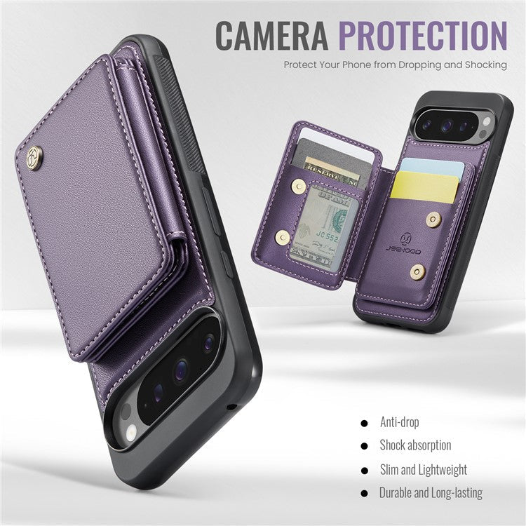 JEEHOOD J05 For Google Pixel 9 Pro XL Case Card Holder Kickstand Leather+TPU Phone Cover - Purple