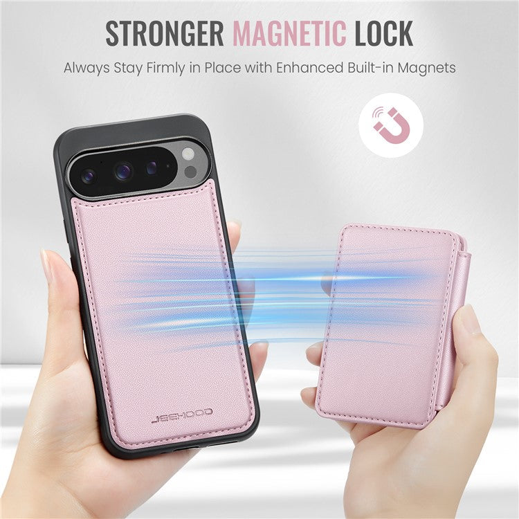 JEEHOOD J05 For Google Pixel 9 Pro XL Case Card Holder Kickstand Leather+TPU Phone Cover - Pink