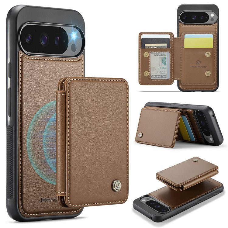 JEEHOOD J05 For Google Pixel 9 Pro XL Case Card Holder Kickstand Leather+TPU Phone Cover - Brown