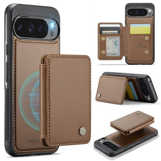 JEEHOOD J05 For Google Pixel 9 Pro XL Case Card Holder Kickstand Leather+TPU Phone Cover - Brown