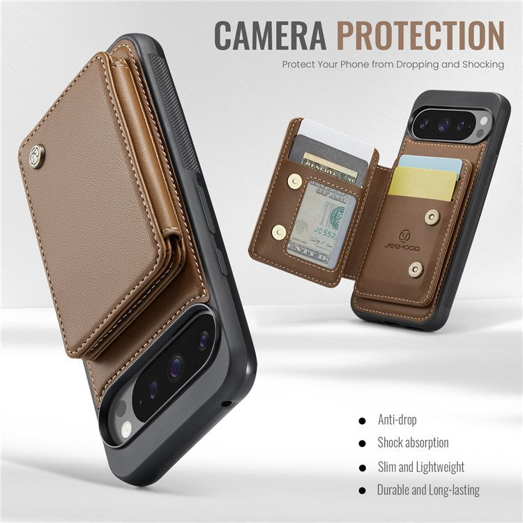 JEEHOOD J05 For Google Pixel 9 Pro XL Case Card Holder Kickstand Leather+TPU Phone Cover - Brown