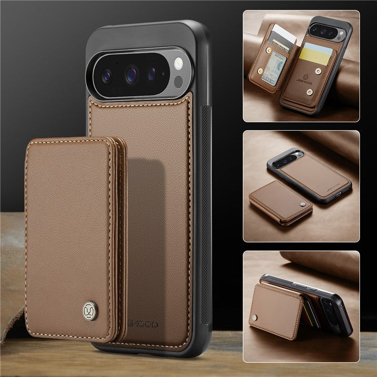 JEEHOOD J05 For Google Pixel 9 Pro XL Case Card Holder Kickstand Leather+TPU Phone Cover - Brown