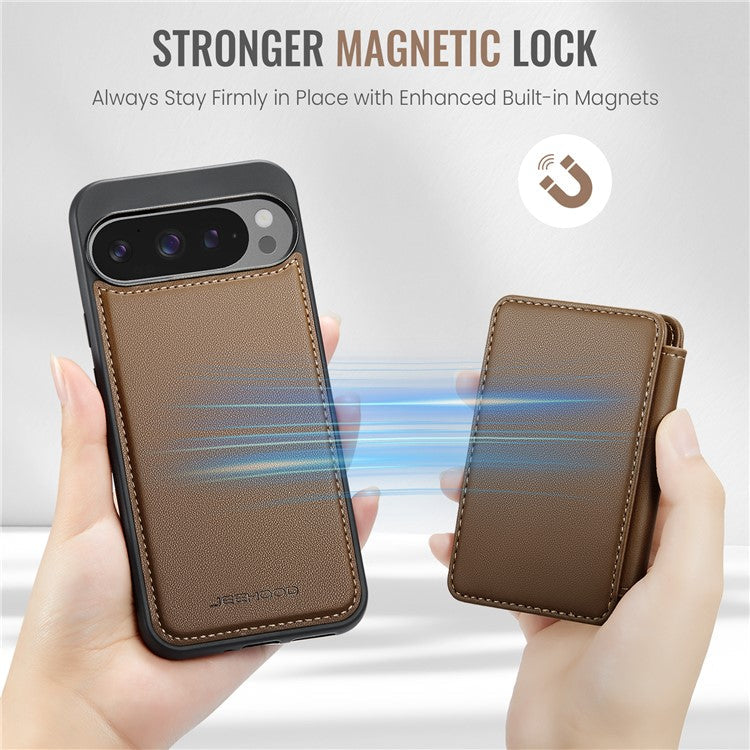 JEEHOOD J05 For Google Pixel 9 Pro XL Case Card Holder Kickstand Leather+TPU Phone Cover - Brown