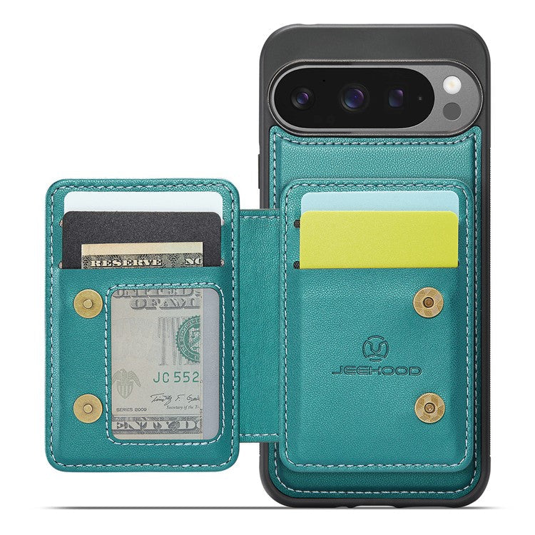 JEEHOOD J05 For Google Pixel 9 Pro XL Case Card Holder Kickstand Leather+TPU Phone Cover - Cyan