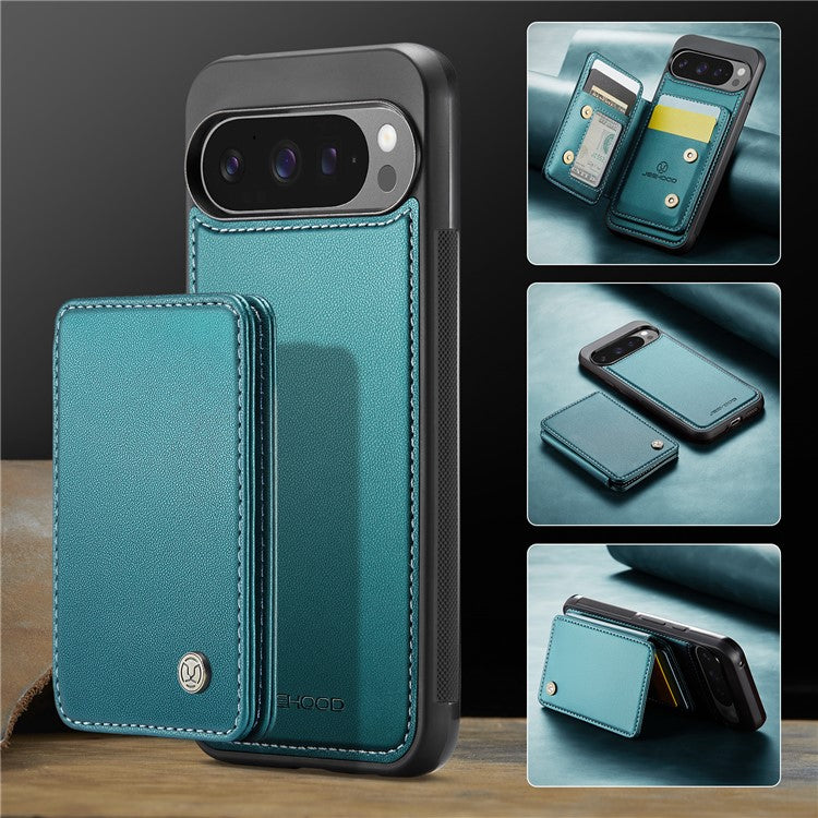 JEEHOOD J05 For Google Pixel 9 Pro XL Case Card Holder Kickstand Leather+TPU Phone Cover - Cyan