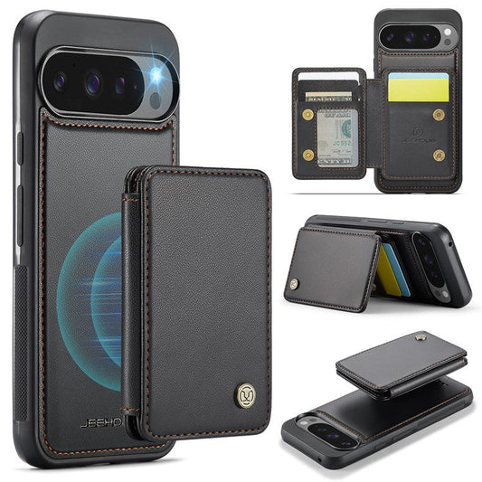 JEEHOOD J05 For Google Pixel 9 Pro XL Case Card Holder Kickstand Leather+TPU Phone Cover - Black