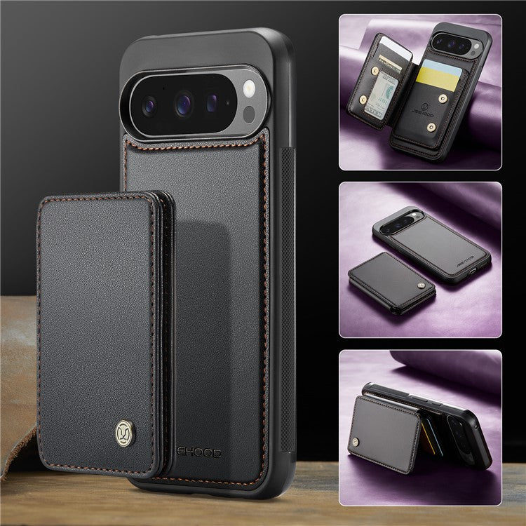 JEEHOOD J05 For Google Pixel 9 Pro XL Case Card Holder Kickstand Leather+TPU Phone Cover - Black