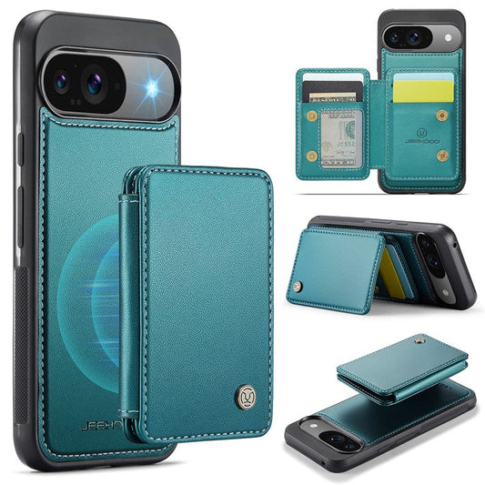 JEEHOOD J05 For Google Pixel 9 / Pixel 9 Pro Case Card Holder Kickstand Leather+TPU Phone Cover - Cyan