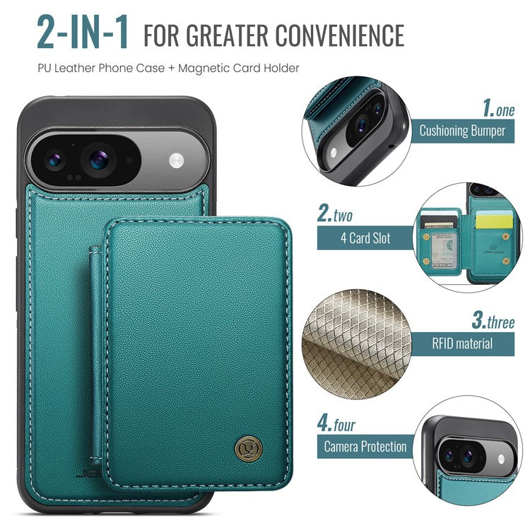 JEEHOOD J05 For Google Pixel 9 / Pixel 9 Pro Case Card Holder Kickstand Leather+TPU Phone Cover - Cyan