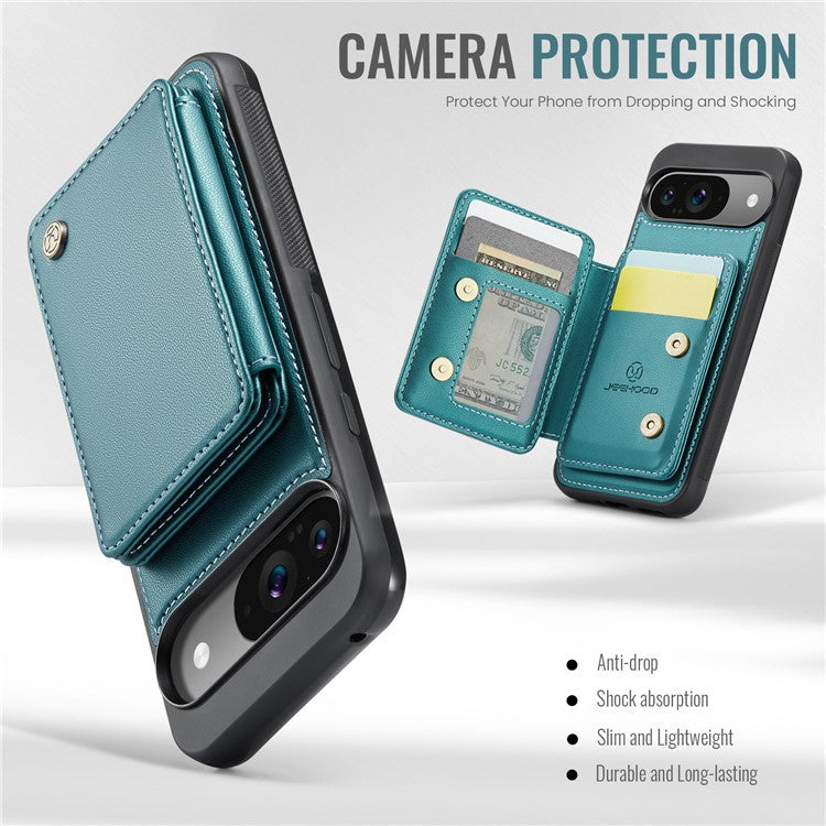 JEEHOOD J05 For Google Pixel 9 / Pixel 9 Pro Case Card Holder Kickstand Leather+TPU Phone Cover - Cyan