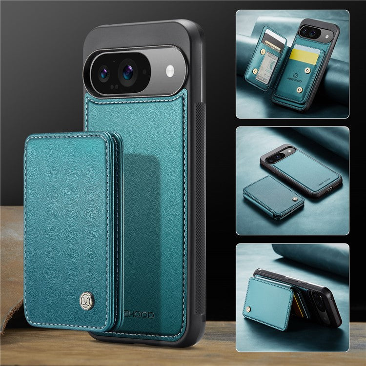 JEEHOOD J05 For Google Pixel 9 / Pixel 9 Pro Case Card Holder Kickstand Leather+TPU Phone Cover - Cyan