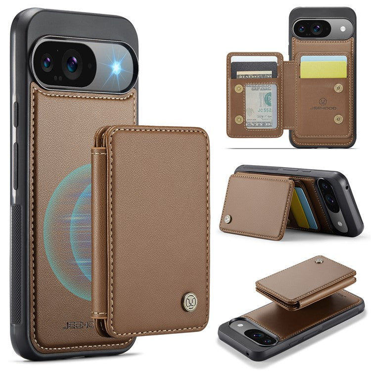 JEEHOOD J05 For Google Pixel 9 / Pixel 9 Pro Case Card Holder Kickstand Leather+TPU Phone Cover - Brown