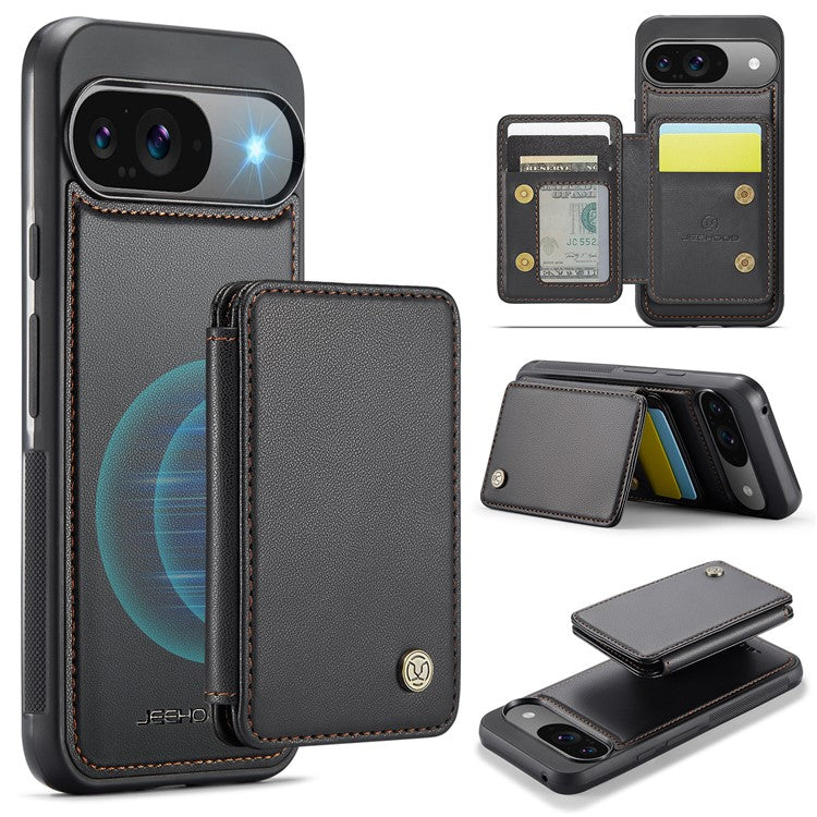 JEEHOOD J05 For Google Pixel 9 / Pixel 9 Pro Case Card Holder Kickstand Leather+TPU Phone Cover - Black