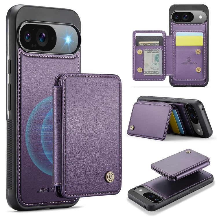 JEEHOOD J05 For Google Pixel 9 / Pixel 9 Pro Case Card Holder Kickstand Leather+TPU Phone Cover - Purple