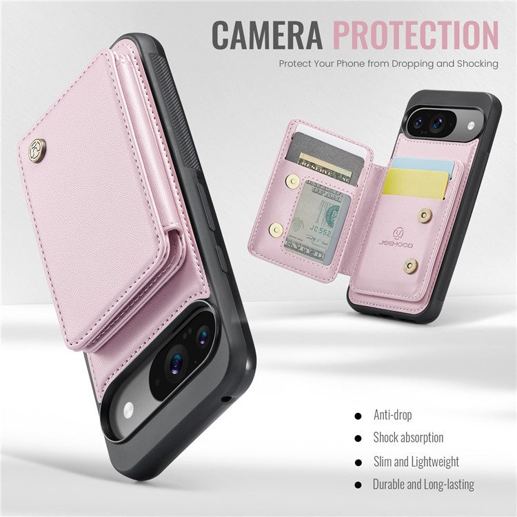 JEEHOOD J05 For Google Pixel 9 / Pixel 9 Pro Case Card Holder Kickstand Leather+TPU Phone Cover - Pink