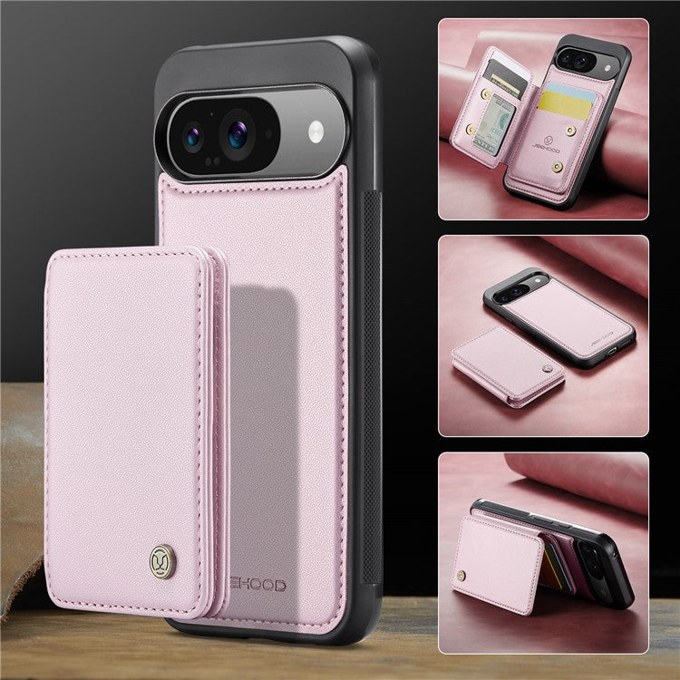 JEEHOOD J05 For Google Pixel 9 / Pixel 9 Pro Case Card Holder Kickstand Leather+TPU Phone Cover - Pink