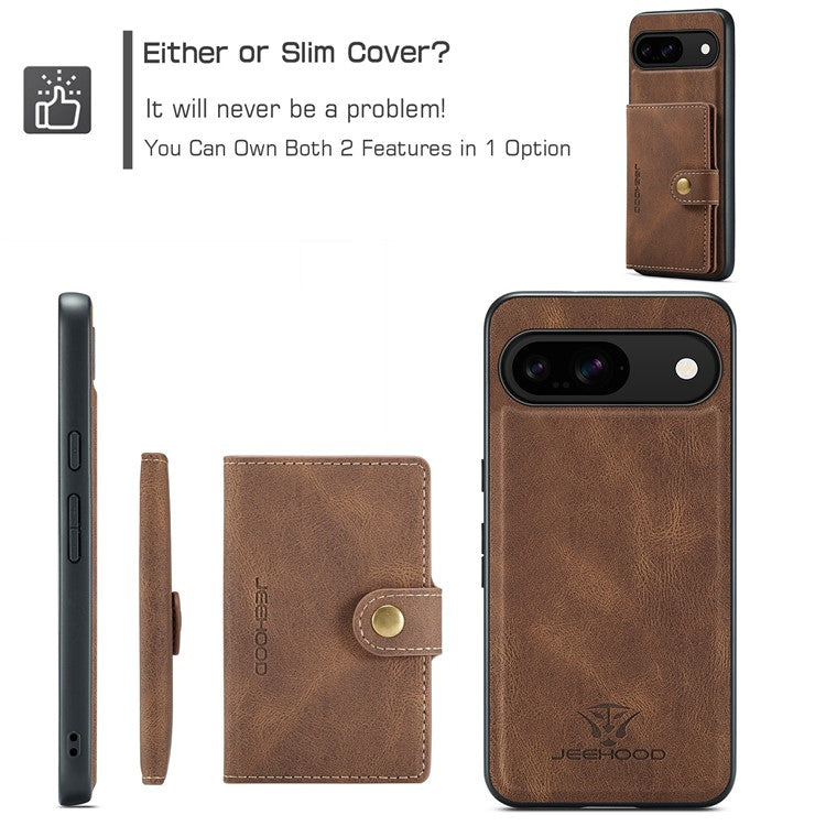 JEEHOOD J01 For Google Pixel 9 / Pixel 9 Pro Case Retro Leather + TPU Phone Cover Detachable Magnetic Card Holder - Brown